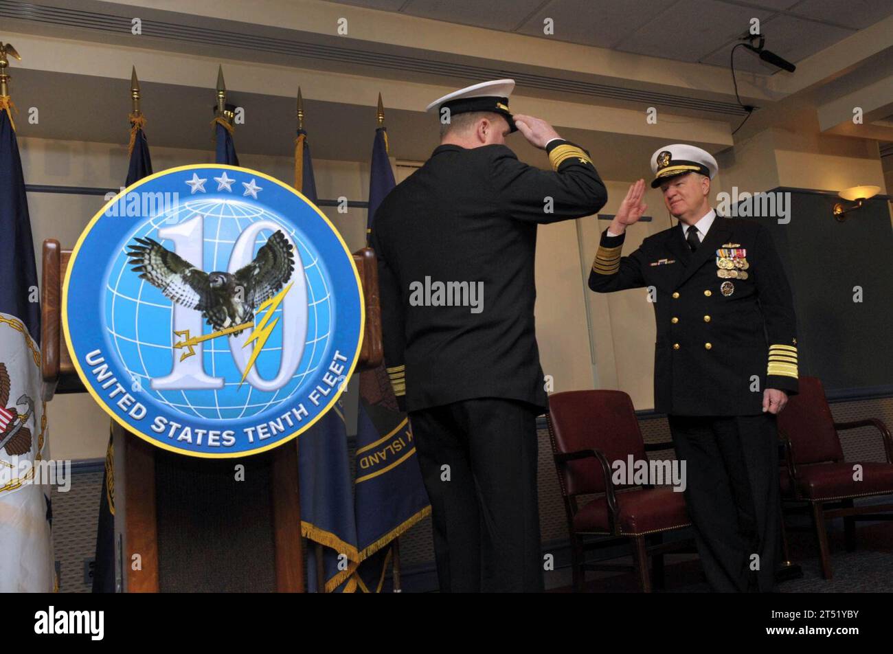 1001298273J-048 FT. MEADE, Md.  (Jan. 29, 2009)  Chief of Naval Operations (CNO) Adm. Gary Roughead salutes Vice Adm. Barry McCullough, commander of U.S. Fleet Cyber Command and U.S. 10th Fleet at the commissioning ceremony for U.S. Fleet Cyber Command at Ft. George G. Meade, Md. Navy Stock Photo