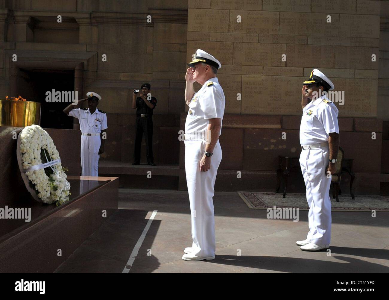 1004128273J-028 NEW DELHI (April 12, 2010) Chief of Naval Operations (CNO) Adm. Gary Roughead renders honors during a wreath laying ceremony at Amar Jawan Jyoti in New Delhi.  Navy Stock Photo