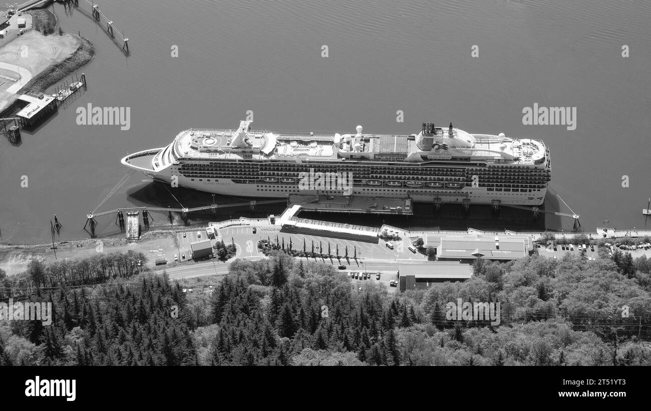 Juneau, Alaska USA - May 25, 2019: cruise ferryboat in harbor, aerial view Stock Photo