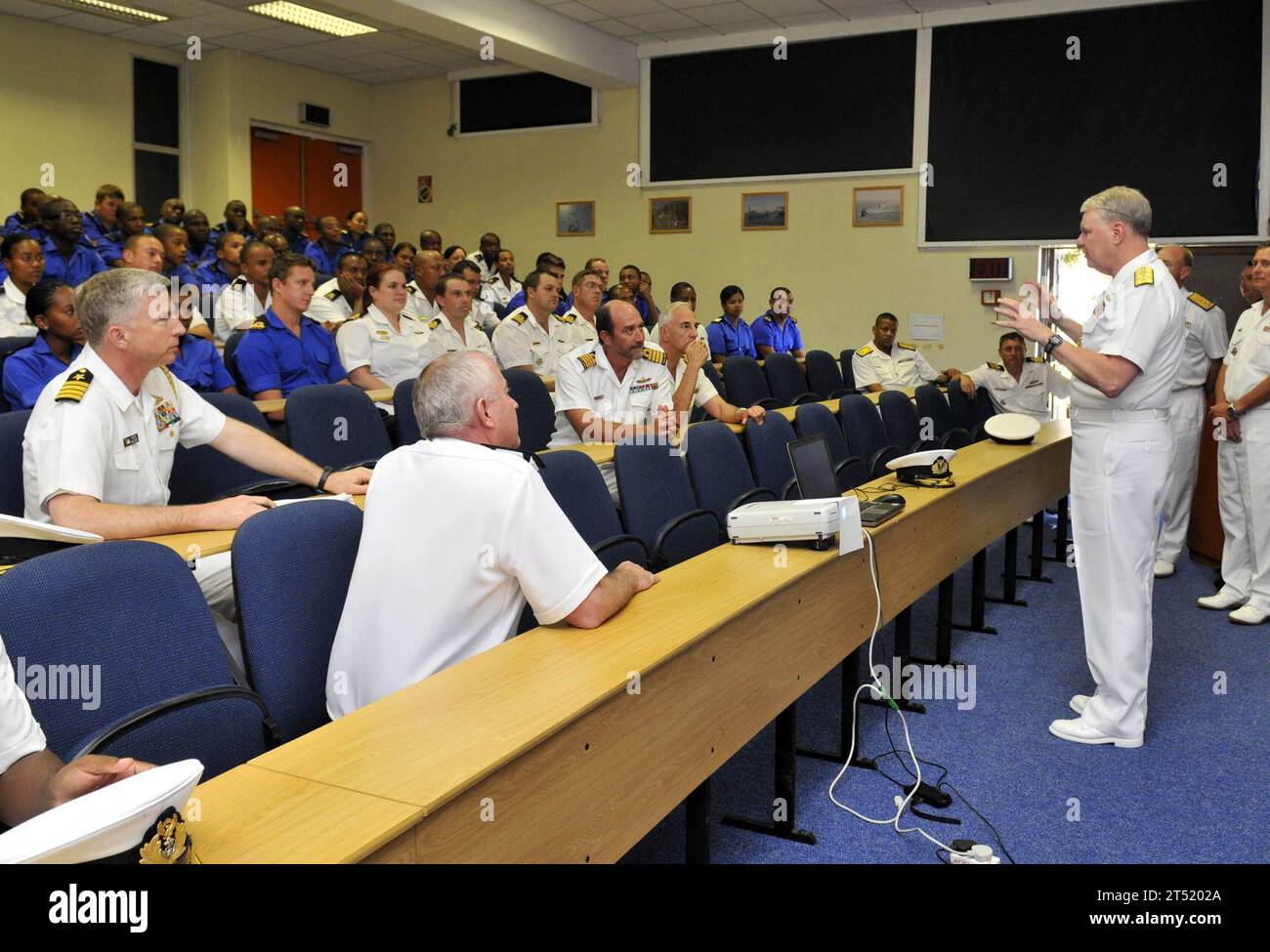 0904078273J-232 SIMON’S TOWN, South Africa (April 7, 2009) Chief of Naval Operations (CNO) Adm. Gary Roughead speaks with students at the Maritime Warfare School while visiting Simon’s Town Naval Base. As the first CNO to visit South Africa, Roughead met with senior leadership to continue to build coalition partnerships and discuss training and maritime security cooperation in the region. Navy Stock Photo