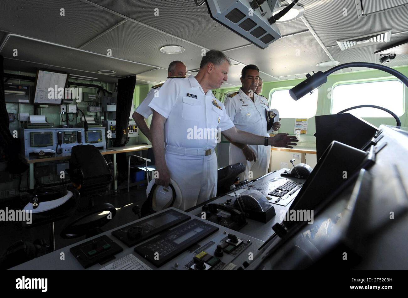 0904078273J-270  SIMON'S TOWN, South Africa (April 7, 2009) Chief of Naval Operations (CNO) Adm. Gary Roughead, left, is given a tour of the bridge of the South African Navy valour-class frigate SAS Mendi by commanding officer Capt. Jimmy Schutte during a  visit to Simon's Town Naval Base. As the first CNO to visit South Africa, Roughead met with senior leadership to continue to build coalition partnerships and discuss training and maritime security cooperation in the region. Navy Stock Photo