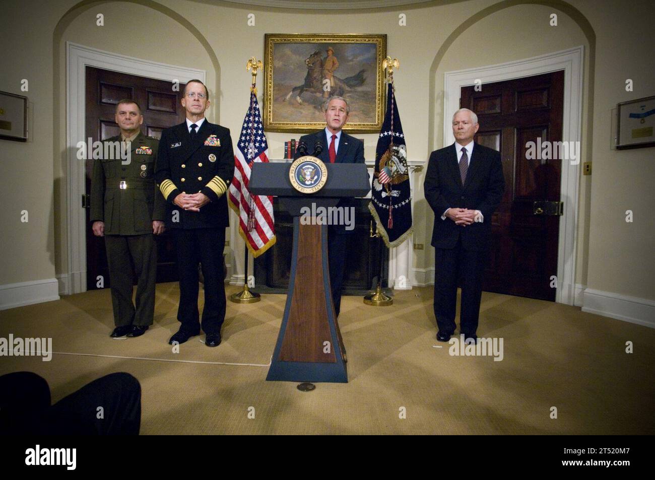 0706280696M-113 WASHINGTON, D.C. (June 28, 2007) - President George W. Bush announces the nomination of current Chief of Naval Operations (CNO) Adm. Mike Mullen and Commander, United States Strategic Command, Gen. James E. Cartwright as Chairman and Vice-Chairman of the Joint Chiefs of Staff, respectively. The ceremony was held in the Roosevelt Room at the White House. U.S. Navy Stock Photo