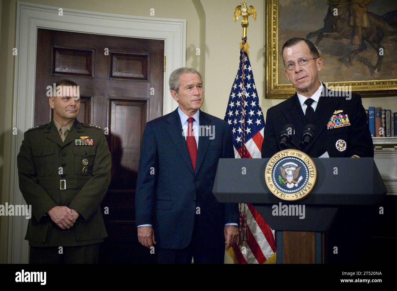 0706280696M-152 WASHINGTON, D.C. (June 28, 2007) - Chief of Naval Operations (CNO) Adm. Mike Mullen speaks following his nomination by President George W. Bush as Chairman of the Joint Chiefs of Staff. Commander, United States Strategic Command, Gen. James E. Cartwright was nominated as Vice-Chairman of the Joint Chiefs of Staff. The nominations were held in the Roosevelt Room at the White House. U.S. Navy Stock Photo