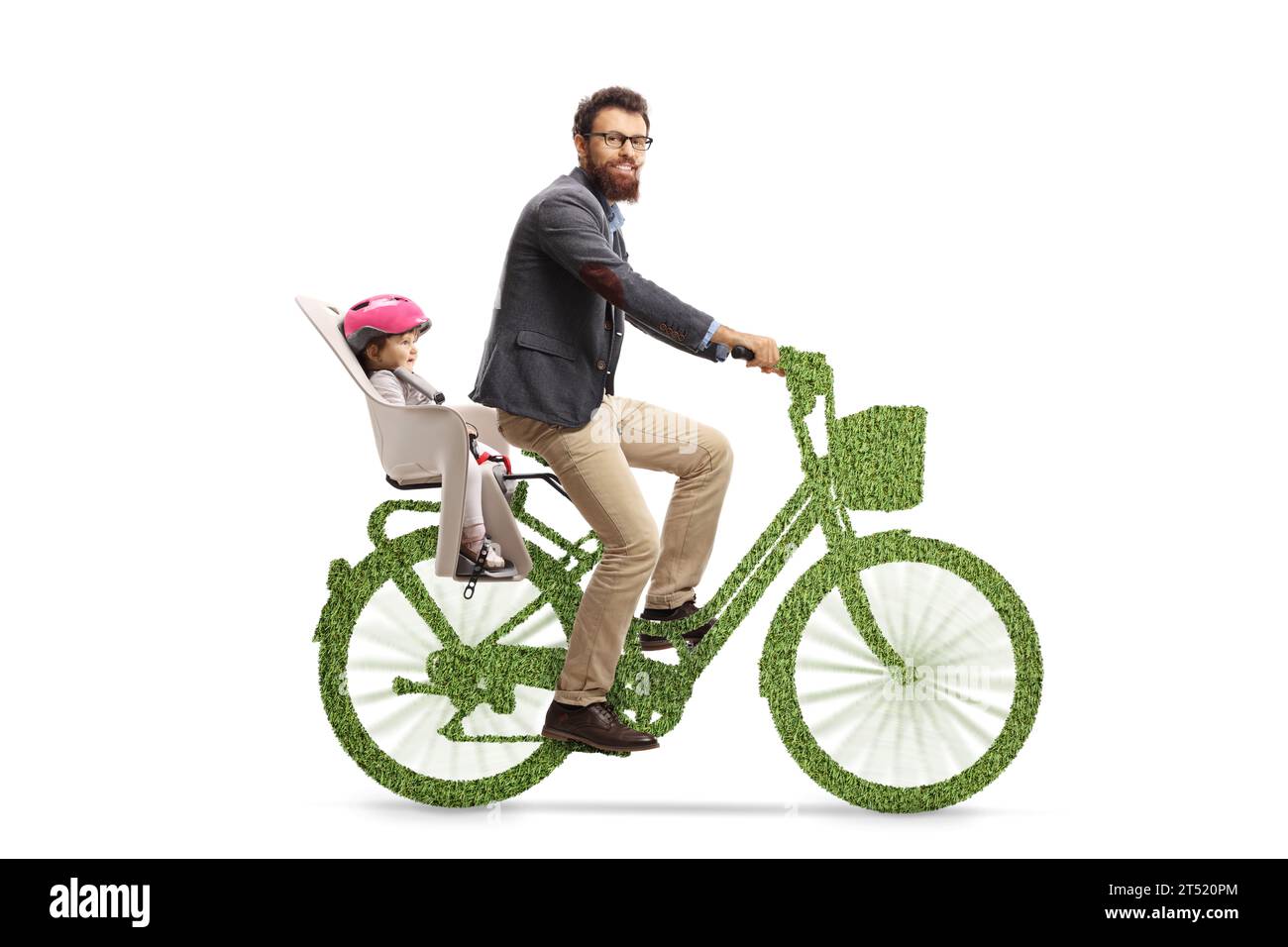Bearded man riding a child on a green bicycle and looking at camera, sustainable mobility concept Stock Photo