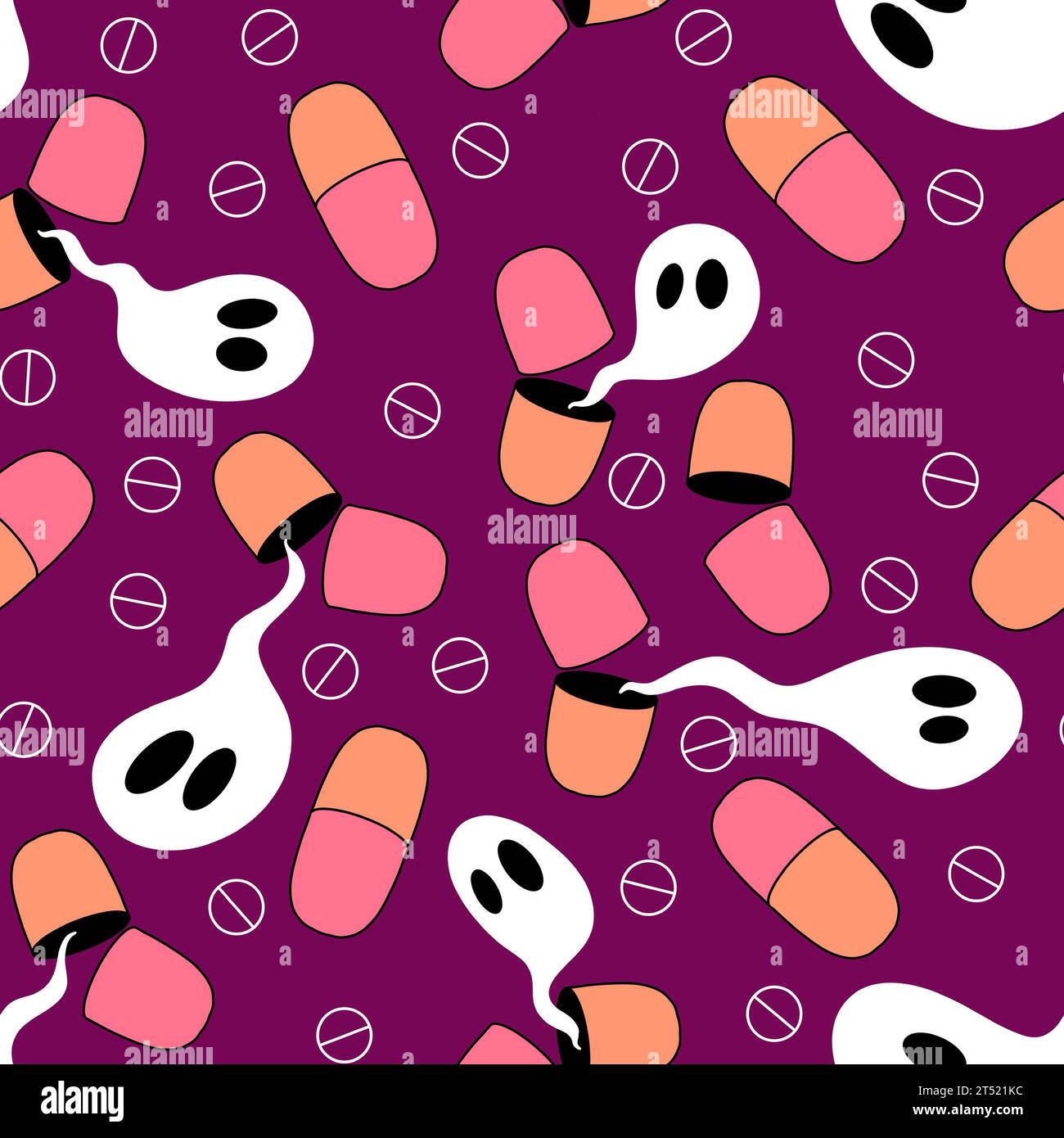 Halloween medicine seamless pills and ghost and skulls pattern for wrapping paper and fabrics and linens and autumn packaging and doctors textiles. Hi Stock Photo