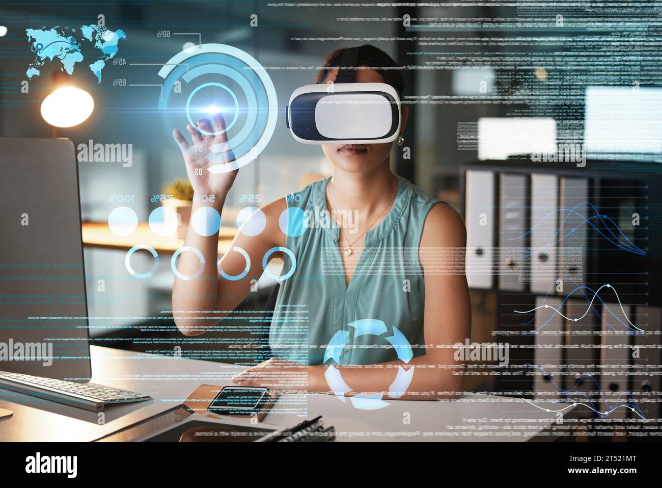 Metaverse, vr and business woman in virtual reality exploring cyber ...