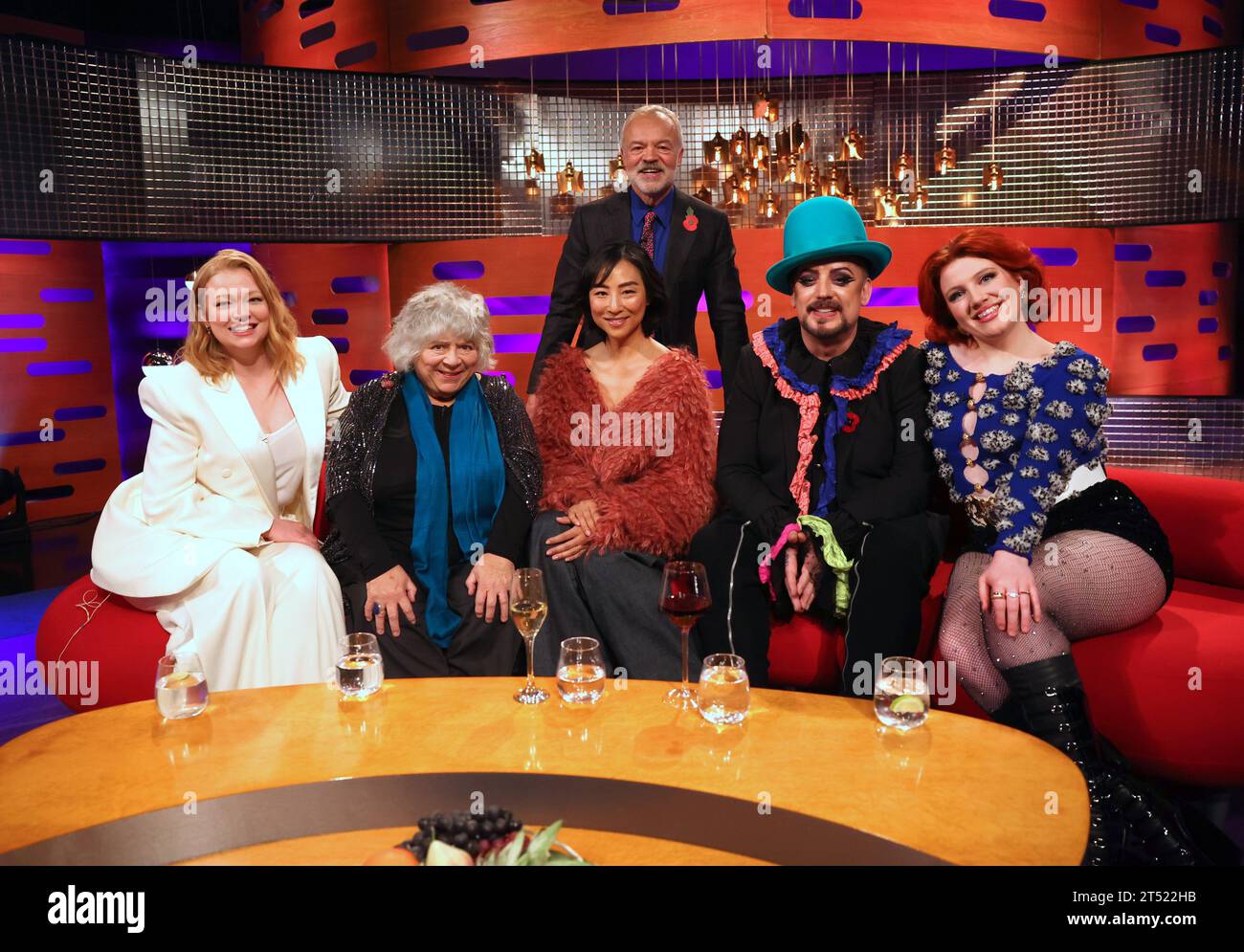 EDITORIAL USE ONLY (left to right) Sarah Snook, Miriam Margolyes, Greta Lee, Boy George and Ciara Mary-Alice Thompson, known as CMAT, during the filming for the Graham Norton Show at BBC Studioworks 6 Television Centre, Wood Lane, London, to be aired on BBC One on Friday evening. Picture date: Thursday November 2, 2023. Photo credit: Isabel Infantes/PA Wire Stock Photo