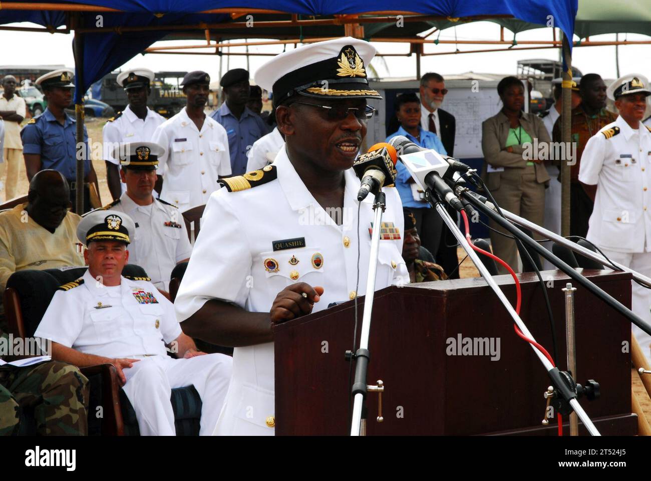 0711208933S-096 TEMA, Ghana (Nov. 20, 2007)  Ghanaian navy Rear Adm. Matthew Quashie, commodore, Eastern Ghana Naval Command, speaks at the Africa Partnership Station (APS) ground-breaking ceremony commemorating the start of construction on a new medical clinic which is to be used by the Ghanian military and civilian populations. APS is scheduled to bring international training teams to Senegal, Liberia, Ghana, Cameroon, Gabon, and Sao Tome and Principe, and will support more than 20 humanitarian assistance projects in addition to hosting information exchanges and training with partner nations Stock Photo