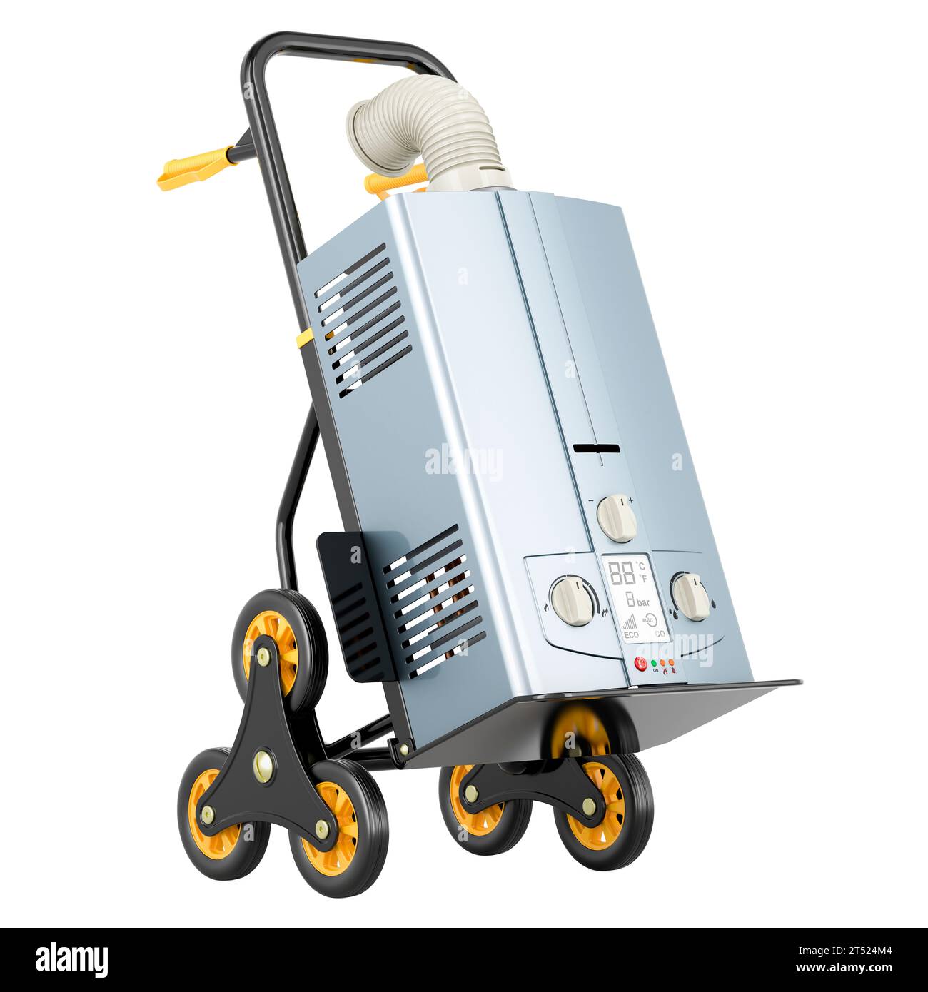 Hand truck with gas boiler, 3D rendering isolated on white background
