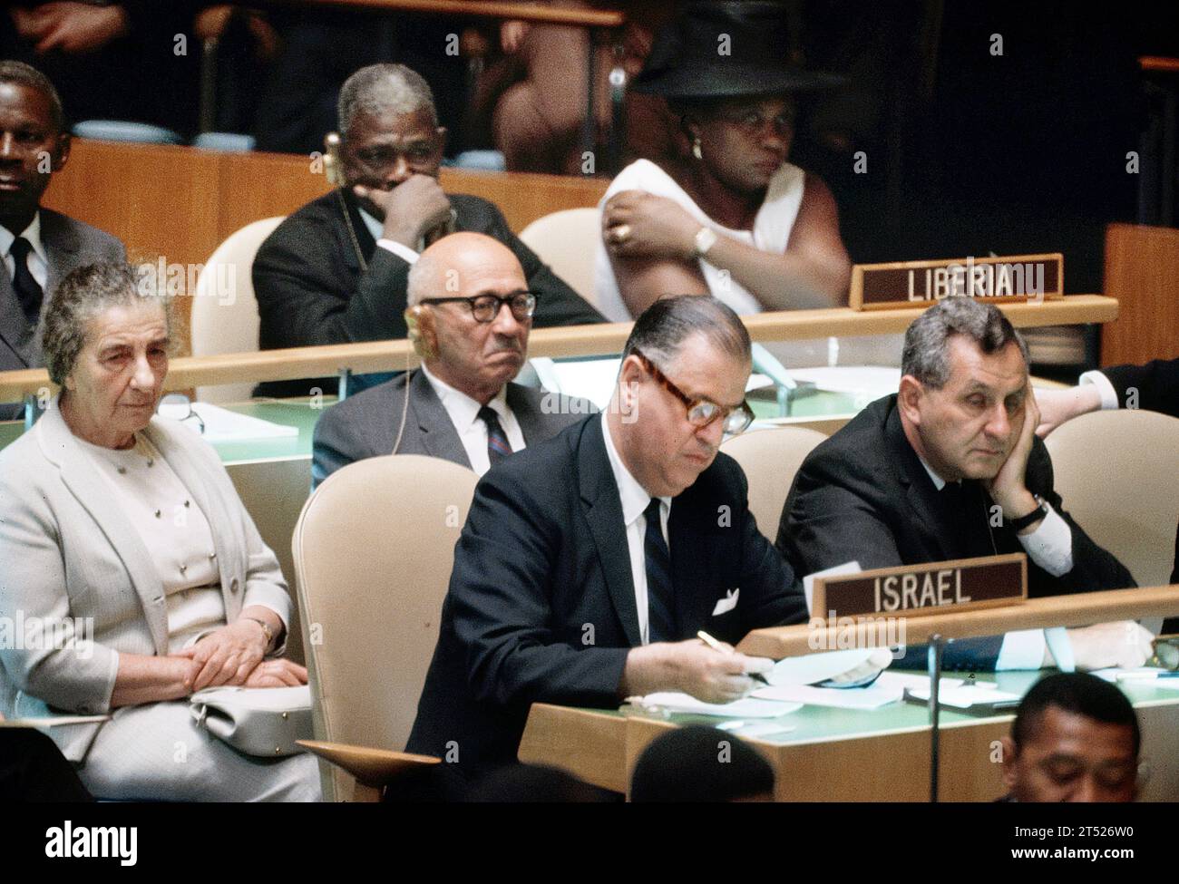 Golda Meir, Israeli Minister of Foreign Affairs Abba Eban, Israeli Ambassador to the U.N. Gideon Rafael, United Nations General Assembly, New York City, New York, USA, Bernard Gotfryd, June 20, 1967 Stock Photo