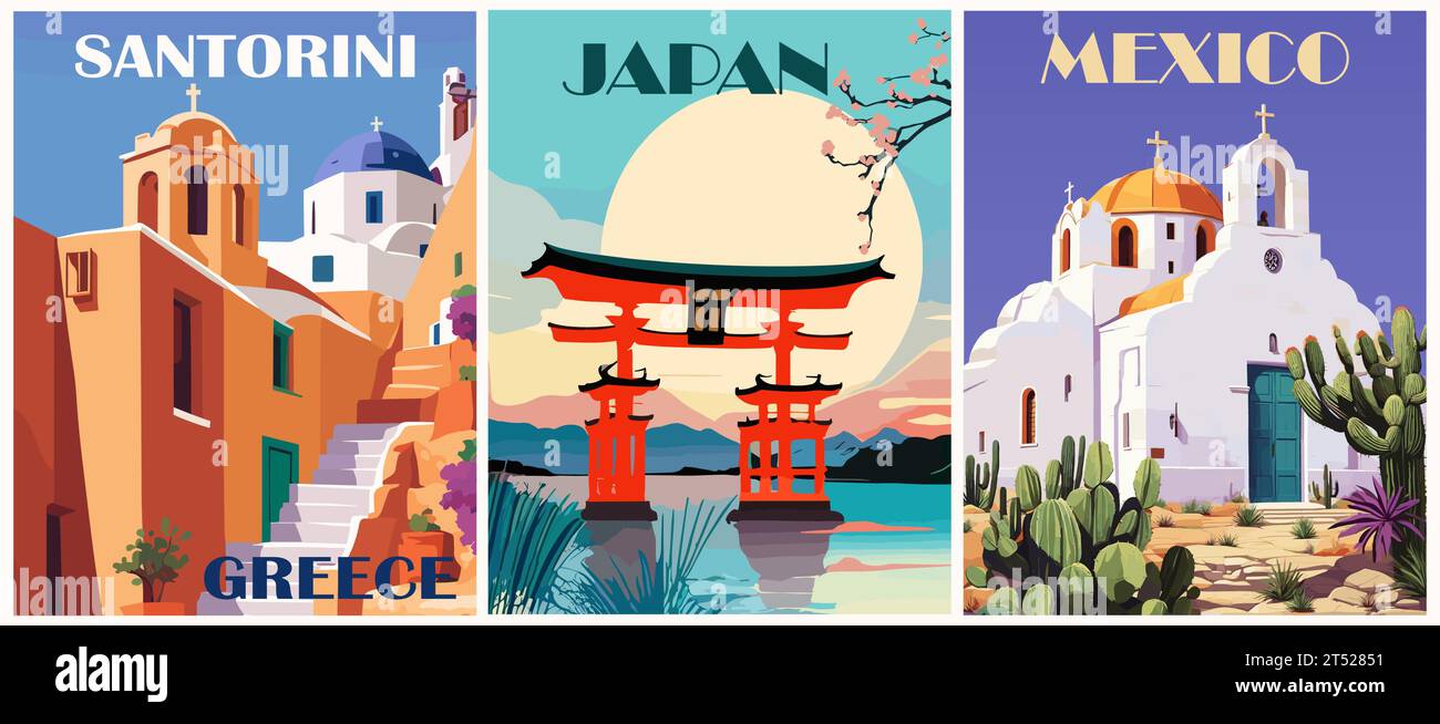 Set of Travel Destination Posters in retro style. Stock Vector