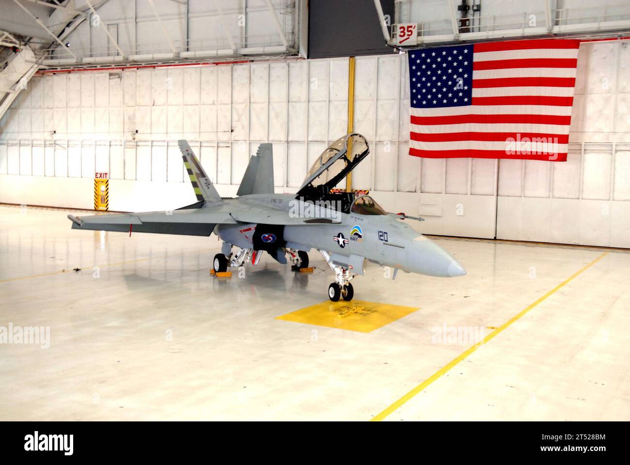 1003309565D-078 ANDREWS AFB, Md. (March 30, 2010) An F/A-18 Super Hornet from Air Test and Evaluation Squadron (VX) 23 with green markings and the U.S. Department of the Navy Energy Security logo is in the hangar at Andrews Air Force Base. VX-23 will be testing the full envelope of the Super Hornet with a drop in replacement biofuel made from the camelina plant in an effort to certify alternative fuels for naval aviation use. Navy Stock Photo