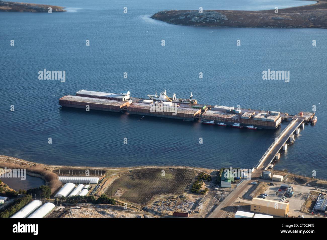 Aerial view of the floating pier at Stanley in The Falkland islands. Stock Photo