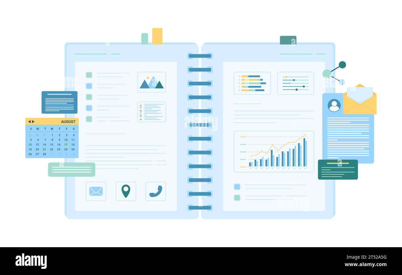 Journal for schedule and agenda planning vector illustration. Cartoon isolated open planner notebook with binder and paper sheets to write daily plan, calendar and diary to organize appointments Stock Vector