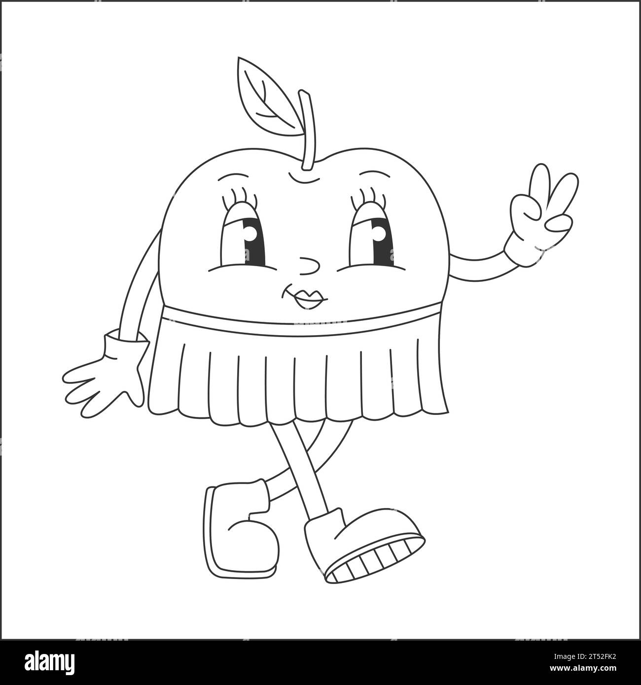 Coloring page with Fruit Retro Groovy Cartoon Hippie Character. Comic Black and White Apple Character on white background. Groovy Summer Vector Stock Vector