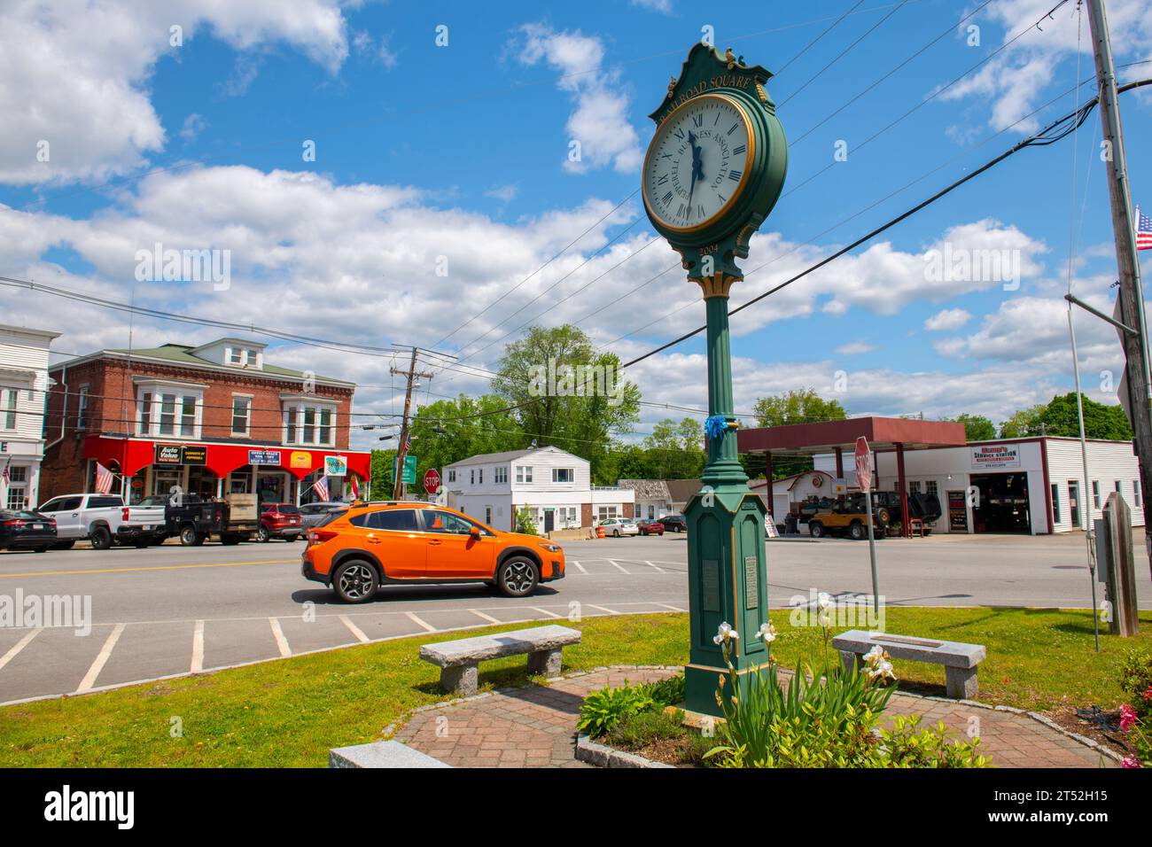 Clock at Railroad Square on Main Street in historic town center of