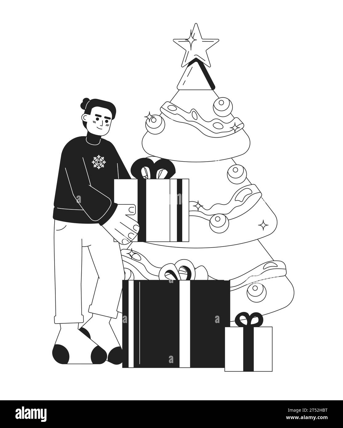 Hispanic man stacking gifts under Xmas tree black and white 2D cartoon character Stock Vector