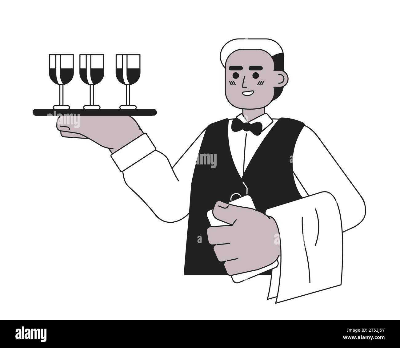 Wine steward african american male black and white 2D cartoon character Stock Vector