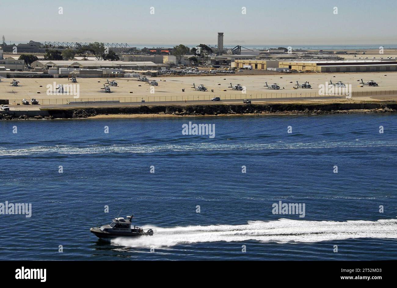 0810074774B-101 SAN DIEGO (Oct. 7, 2008) A naval security boat patrols the waters off the coast of Naval Air Station North Island. Security boats that patrol areas surrounding naval bases assist mission readiness and enhanced maritime traffic stability. Navy Stock Photo