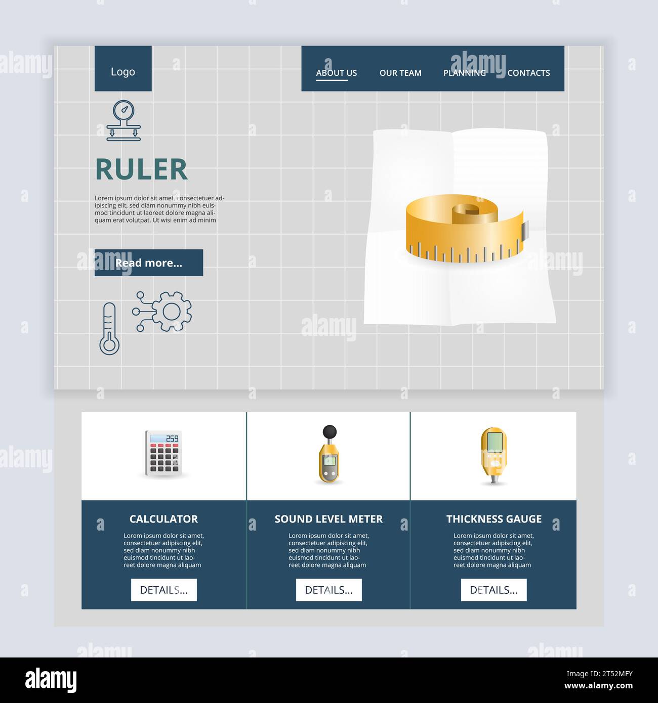 Ruler flat landing page website template. Calculator, sound level meter