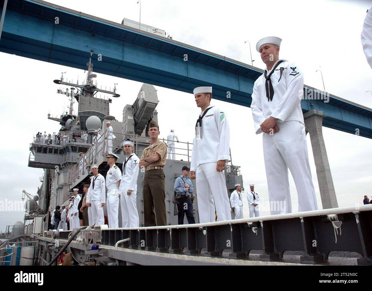 0705315914D-001 PACIFIC OCEAN (May 31, 2007) - Sailors and Marines assigned aboard the amphibious assault ship USS Boxer (LHD 4) man the rails as the ship enters San Diego Harbor. Boxer the flagship of Boxer Expeditionary Strike Group is returning from its nine-month, twice-extended Western Pacific deployment, where it conducted counter-insurgency operations and Maritime Operations to promote security and stability in the region. U.S. Navy Stock Photo