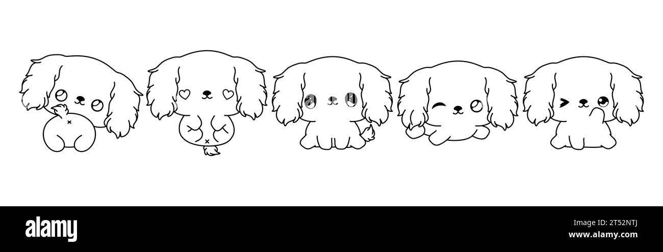 Collection of Vector Cartoon Cocker Spaniel Puppy Coloring Page. Set of Kawaii Isolated Pet Outline for Stickers, Baby Shower, Coloring Book, Prints Stock Vector