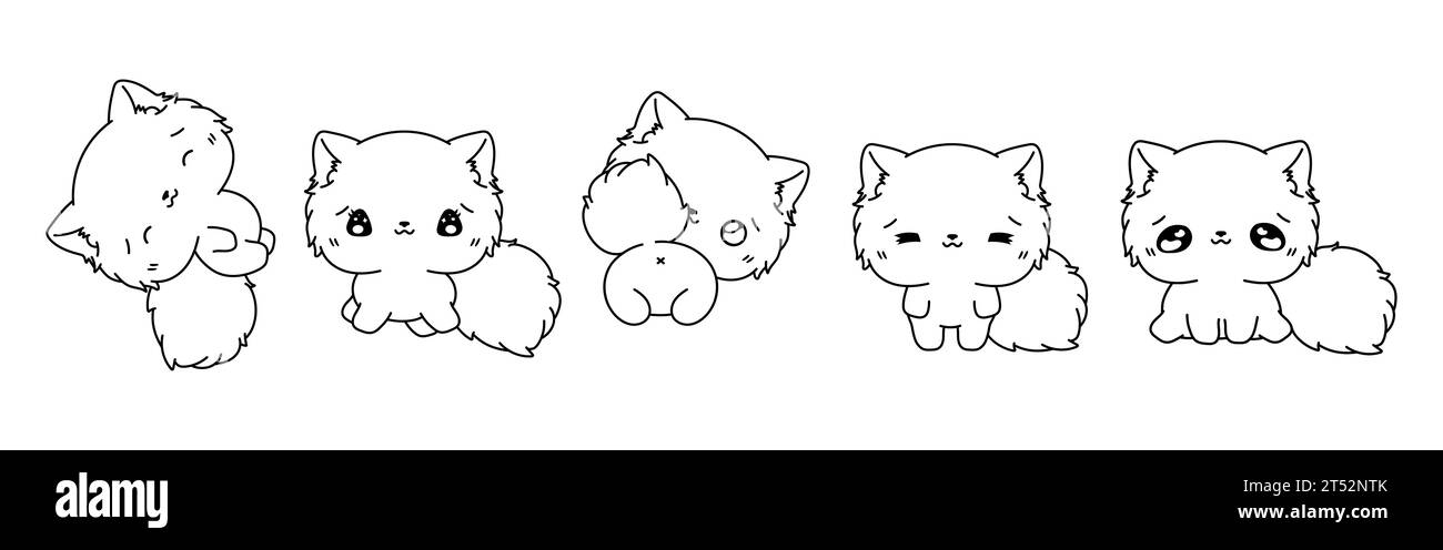 Set of Vector Cartoon Cat Coloring Page. Collection of Kawaii Isolated Persian Kitten Outline for Stickers, Baby Shower, Coloring Book, Prints for Stock Vector