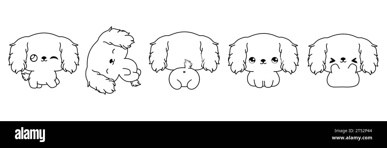 Set of Vector Cartoon Animal Coloring Page. Collection of Kawaii Isolated Cocker Spaniel Puppy Outline for Stickers, Baby Shower, Coloring Book Stock Vector
