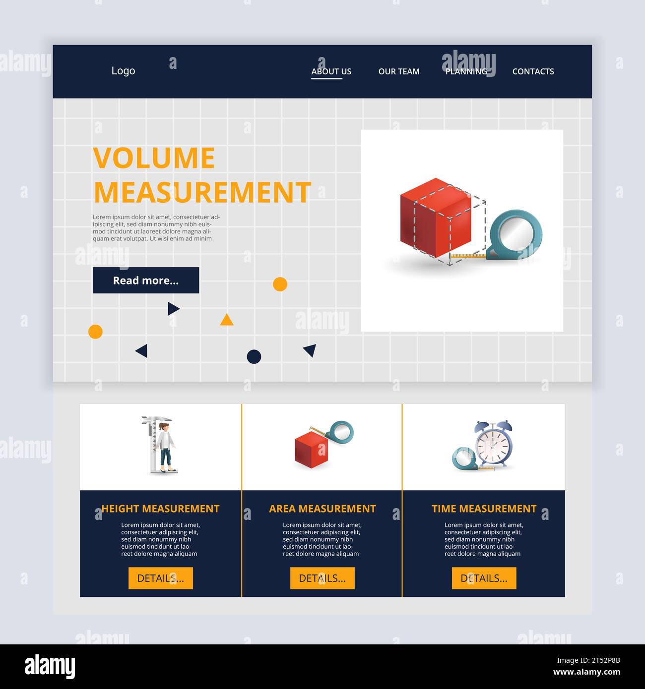 Volume measurement flat landing page website template. Height