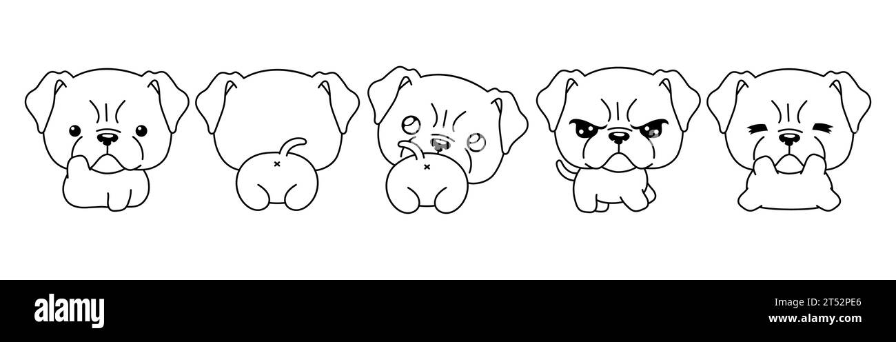 Collection of Vector Cartoon Boxer Dog Coloring Page. Set of Kawaii Isolated Pet Outline for Stickers, Baby Shower, Coloring Book, Prints for Clothes Stock Vector