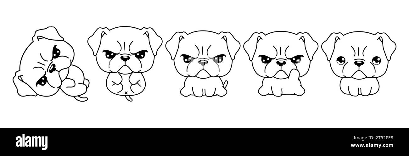 Set of Vector Cartoon Animal Coloring Page. Collection of Kawaii Isolated Boxer Puppy Outline for Stickers, Baby Shower, Coloring Book, Prints for Stock Vector