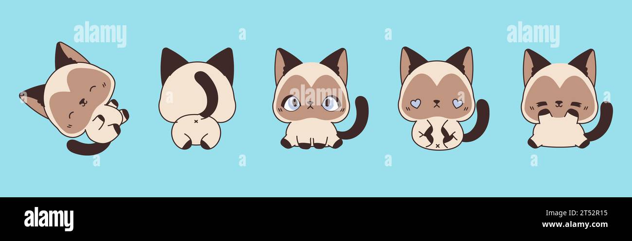 Set of Kawaii Isolated Siamese Cat. Collection of Vector Cartoon Kitten Illustrations for Stickers, Baby Shower, Coloring Pages, Prints for Clothes Stock Vector