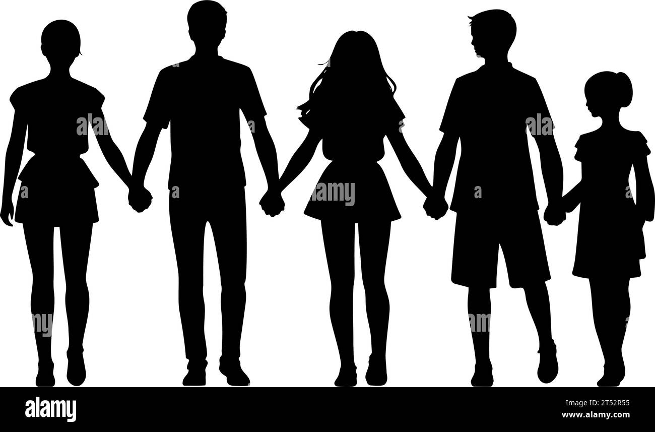 Young people Group of brothers and sisters holding hands silhouette. Vector illustration Stock Vector