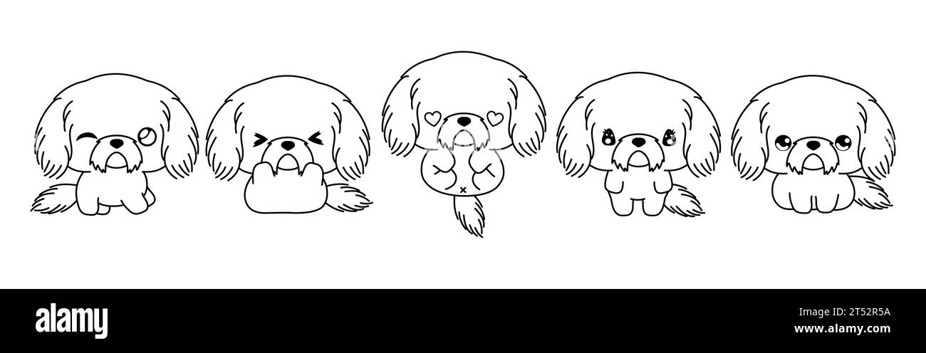 Collection of Vector Cartoon Shih Tzu Dog Coloring Page. Set of Kawaii Isolated Puppy Outline for Stickers, Baby Shower, Coloring Book, Prints for Stock Vector