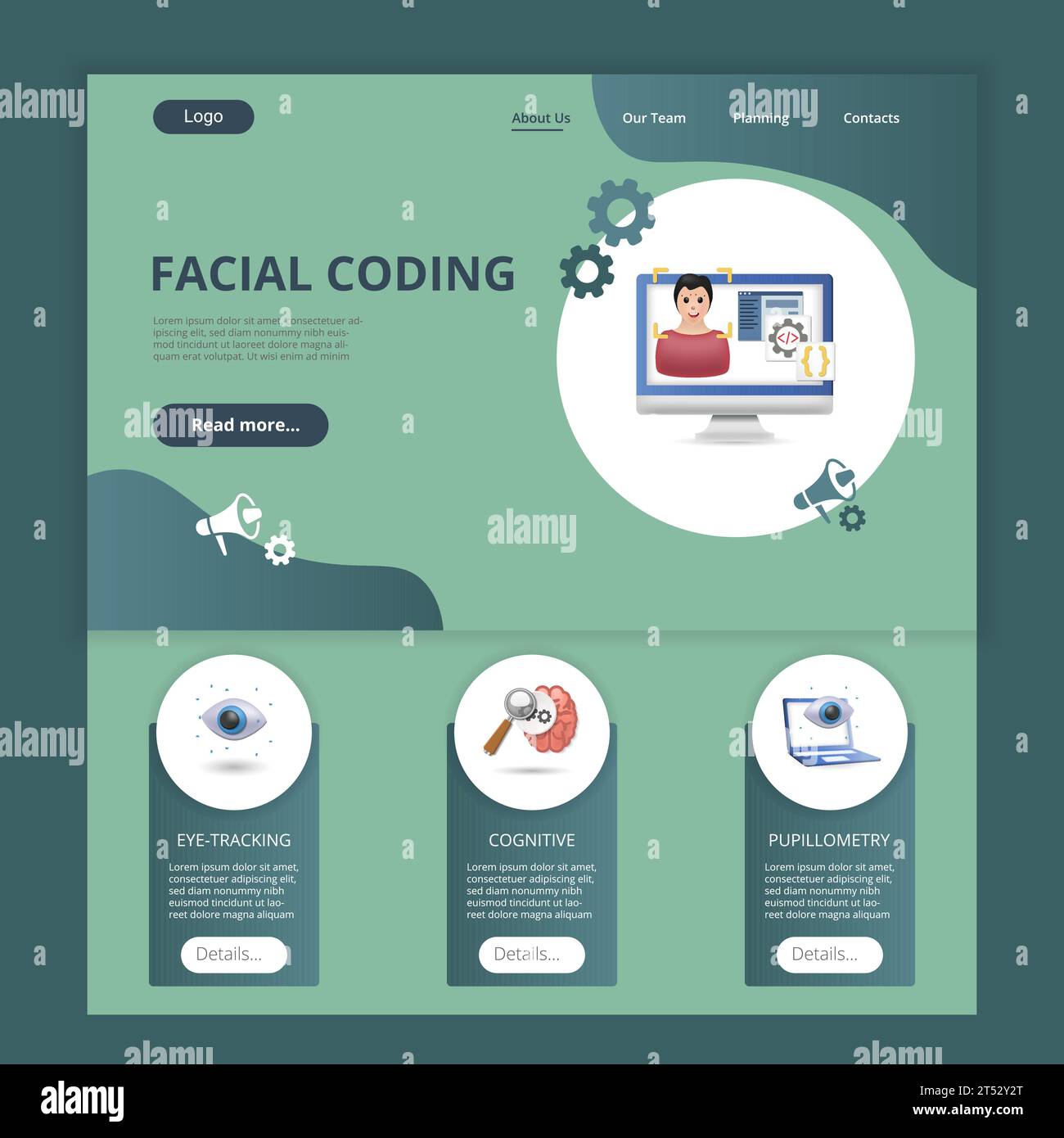 Facial coding flat landing page website template. Eye-tracking, cognitive, pupillometry. Web banner with header, content and footer. Vector Stock Vector