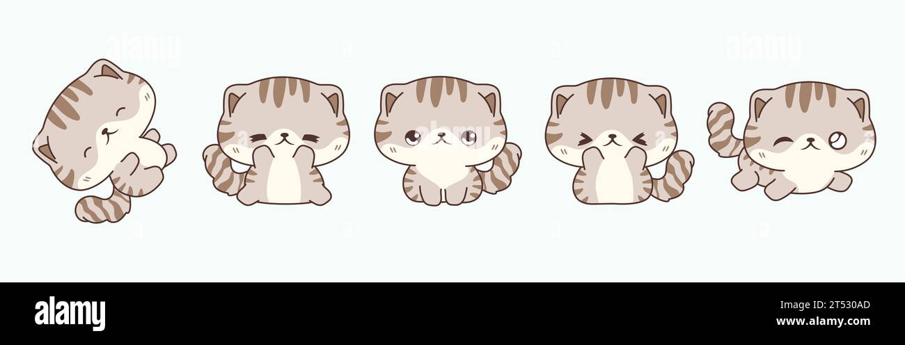 Set of Kawaii Isolated Scottish Fold Cat. Collection of Vector Cartoon Baby Animal Illustrations for Stickers, Baby Shower, Coloring Pages, Prints for Stock Vector
