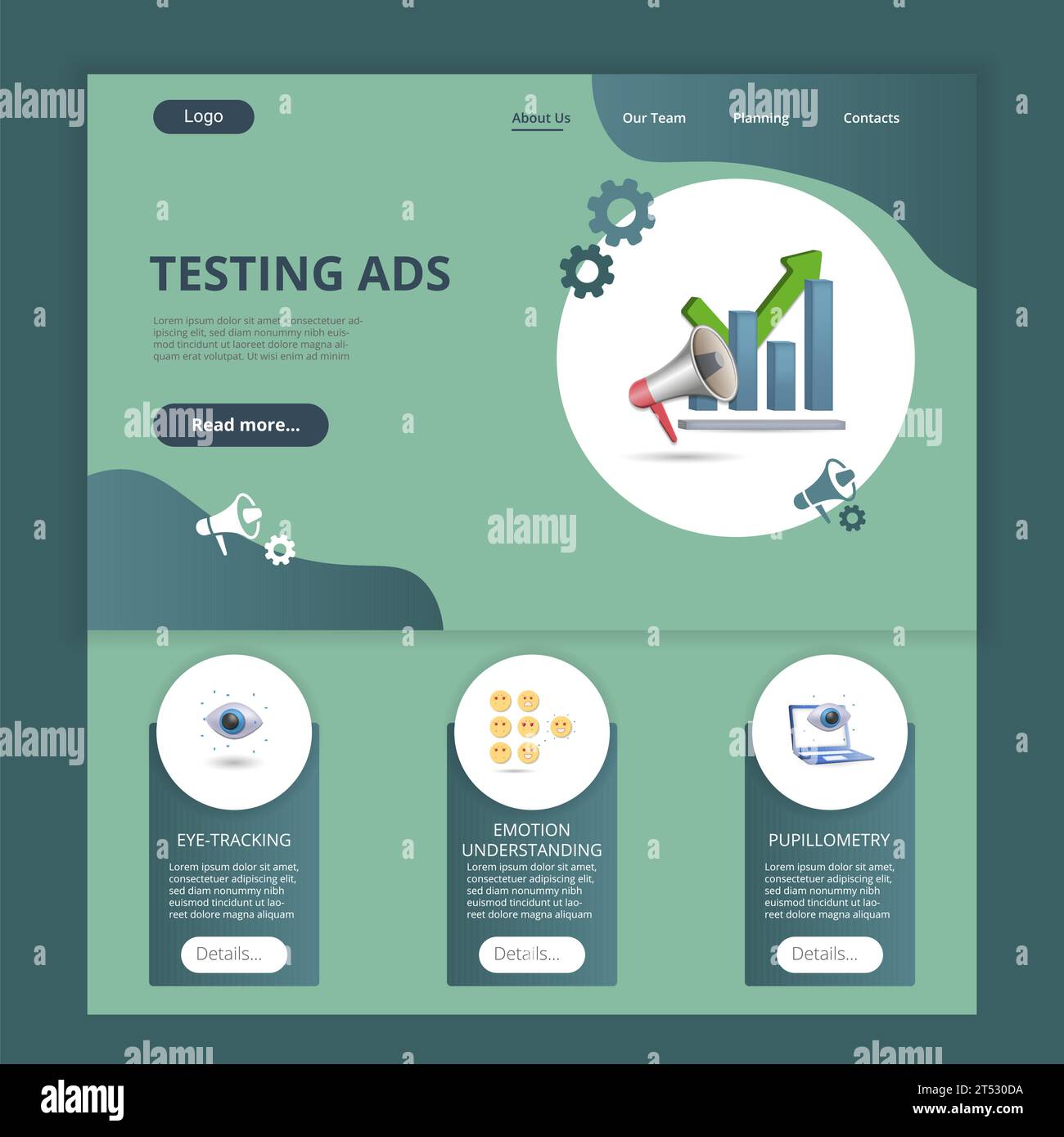 Testing ads flat landing page website template. Eye-tracking, emotion understanding, pupillometry. Web banner with header, content and footer. Vector Stock Vector