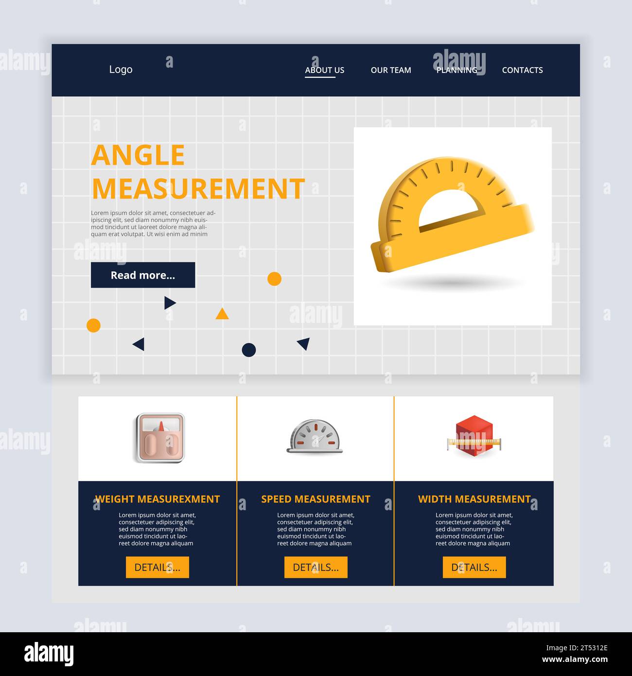 Angle measurement flat landing page website template. Weight measurement, speed measurement