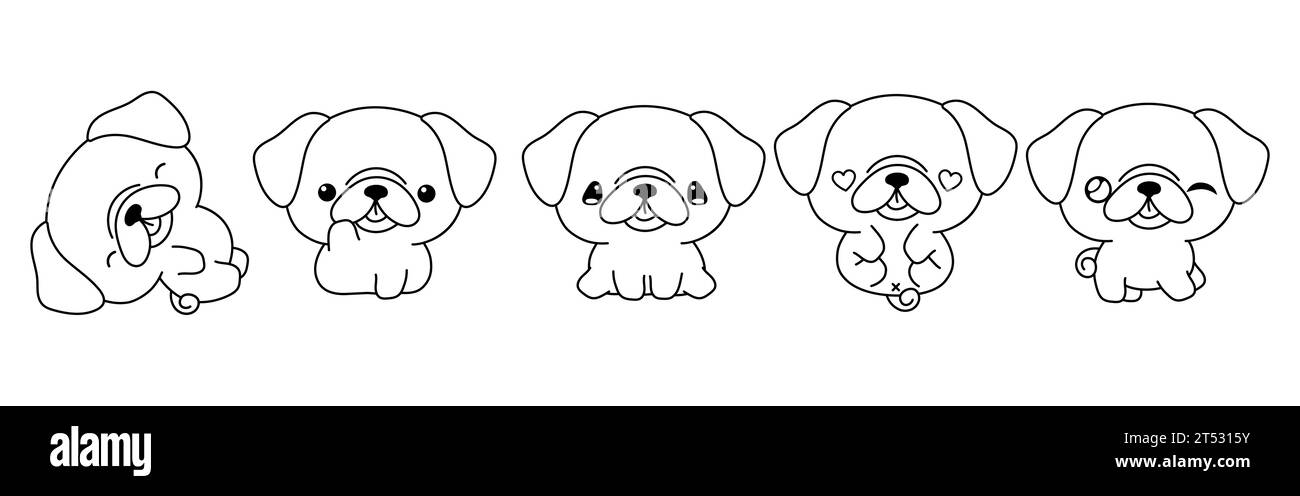 Collection of Vector Cartoon Pug Dog Coloring Page. Set of Kawaii Isolated Puppy Outline for Stickers, Baby Shower, Coloring Book, Prints for Clothes Stock Vector