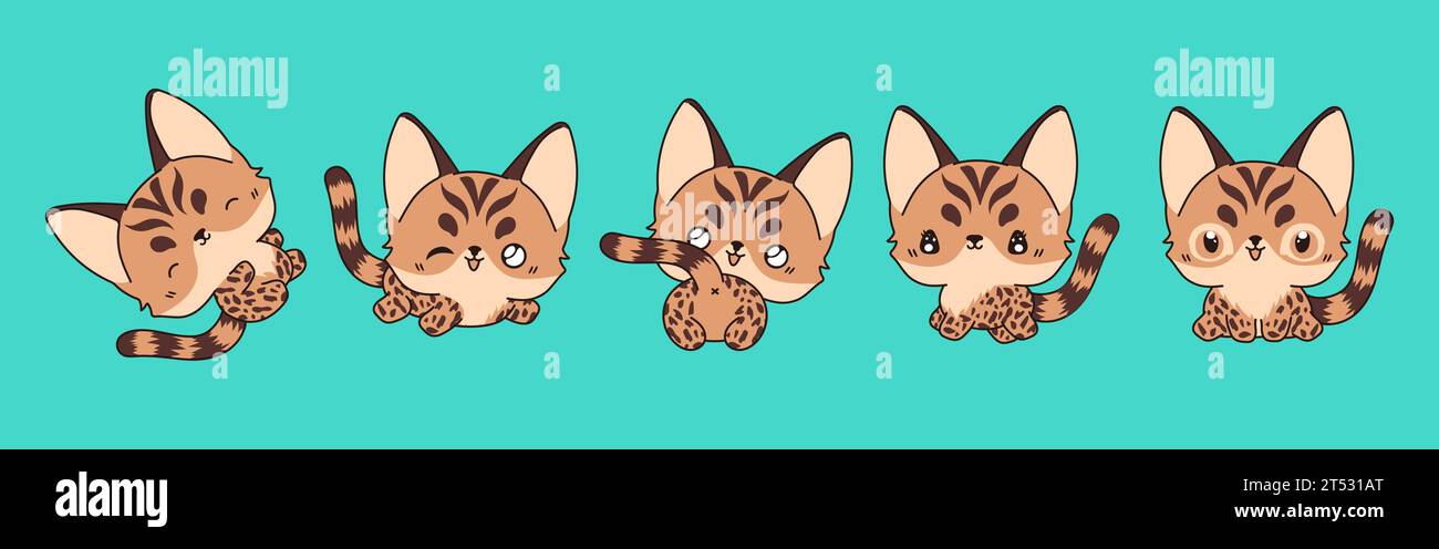 Set of Kawaii Isolated Bengal Cat. Collection of Vector Cartoon Baby Kitten Illustrations for Stickers, Baby Shower, Coloring Pages, Prints for Stock Vector