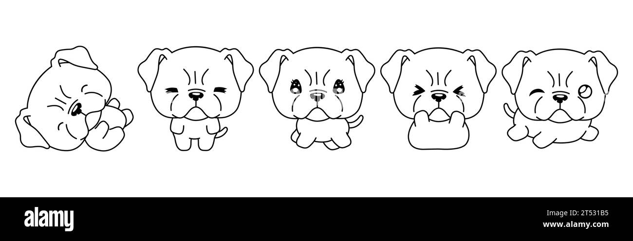 Set of Kawaii Isolated Boxer Puppy Coloring Page. Collection of Cute Vector Cartoon Animal Outline for Stickers, Baby Shower, Coloring Book, Prints Stock Vector