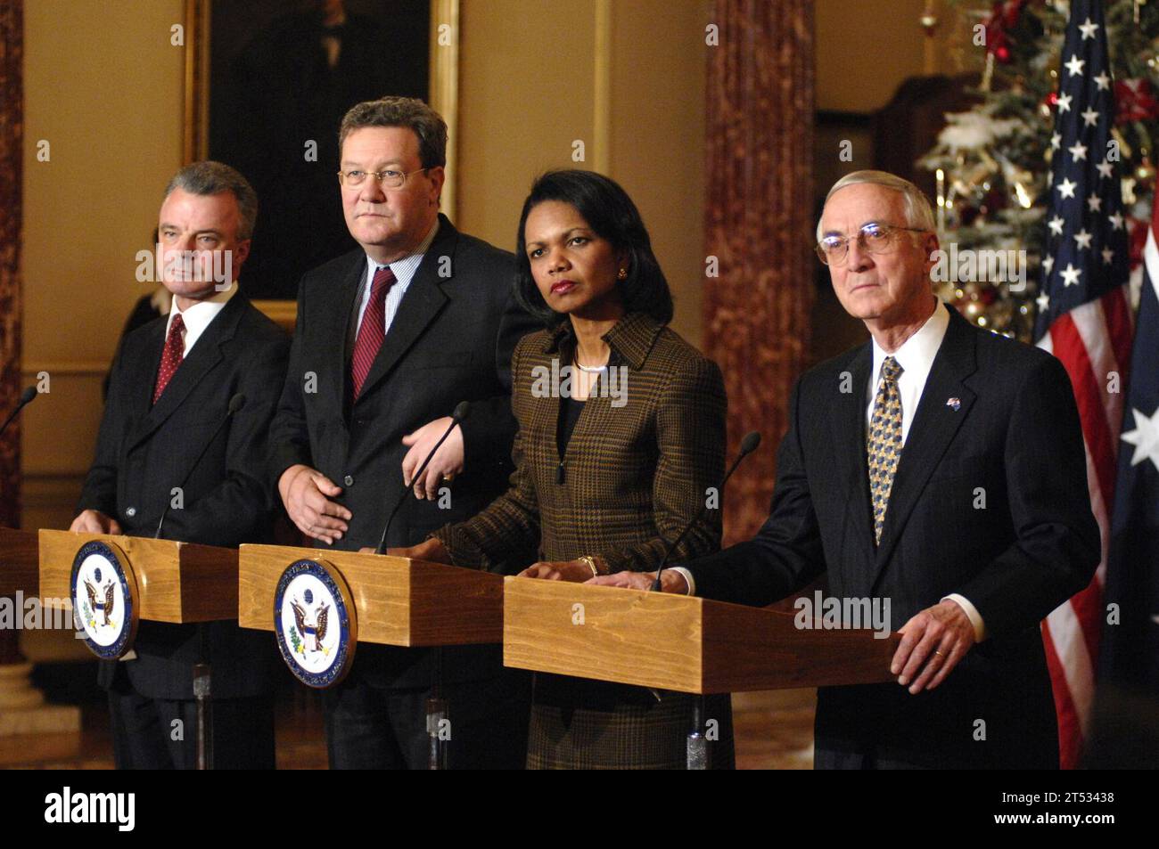 0612123642E-151  Washington, D.C. (Dec. 12, 2006) - Deputy Secretary of Defense Gordon England, Secretary of State Condoleezza Rice, Australian Minister for Foreign Affairs Alexander Downer and Australian Minister for Defense Brendan Nelson listen to a reporter's question. The media availability, held at the State Department's Franklin Room, wrapped up daylong U.S.-Australian bilateral ministerial meetings. During the meetings, Secretary England and Minister Nelson signed a Memorandum of Understanding on the production of the F-35 Joint Strike Fighter program. U.S. Navy Stock Photo