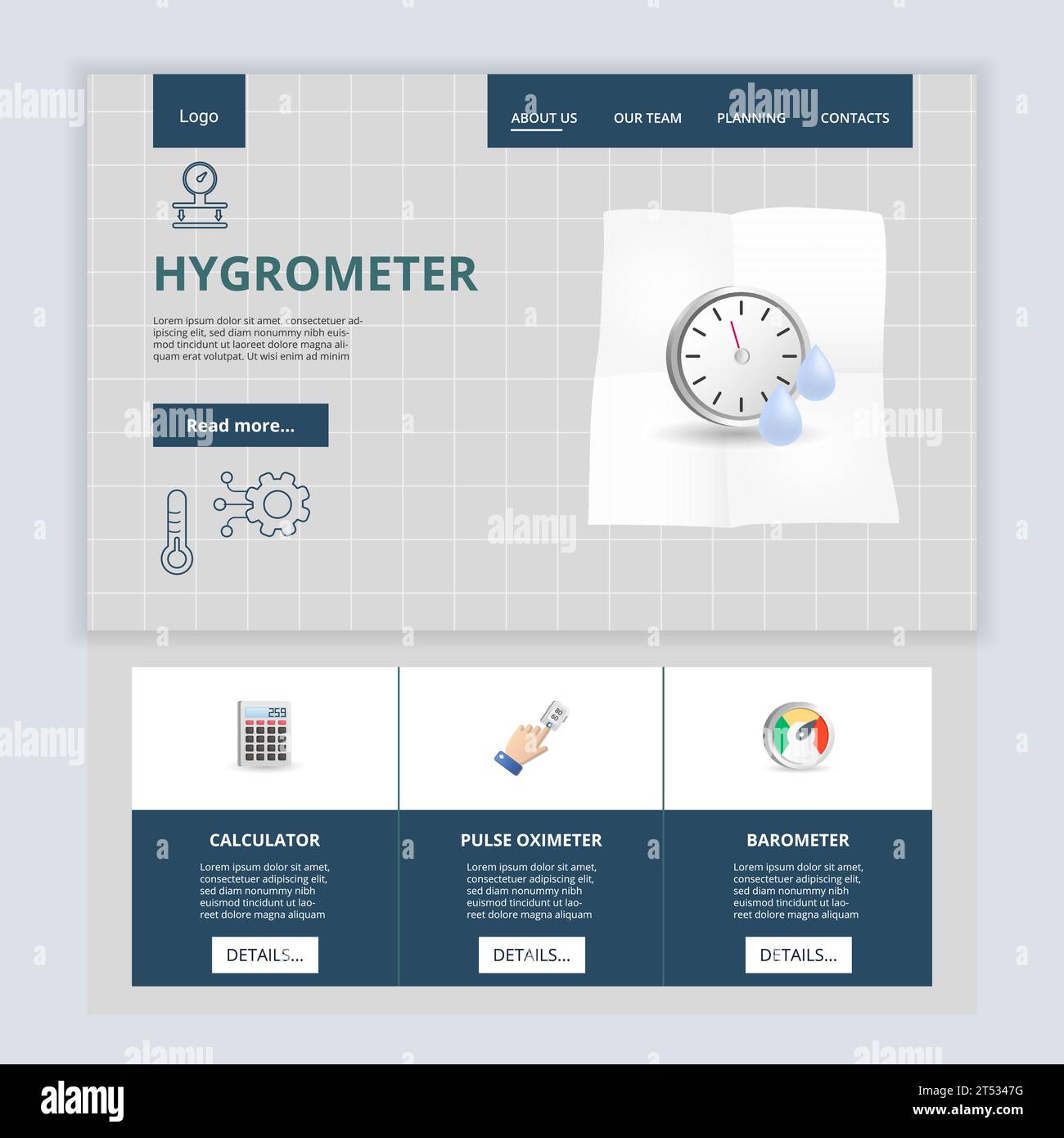 Hygrometer flat landing page website template. Calculator, pulse