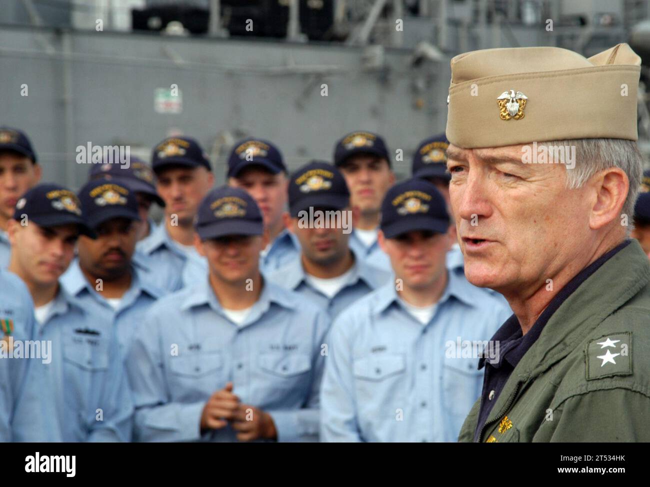 0710150807W-050  YOKOSUKA, Japan (Oct. 15, 2007) - Rear Adm. James D. Kelly, commander of U.S. Naval Forces Japan, speaks to Sailors of USS Patriot (MCM 7) and USS Guardian (MCM 5) during an awards ceremony at Fleet Activities Yokosuka. Three Sailors from the Sasebo-based mine countermeasures ships were honored for the integrity, commitment and professionalism they displayed in the midst of a protest in Yonaguni, Japan. U.S. Navy Stock Photo
