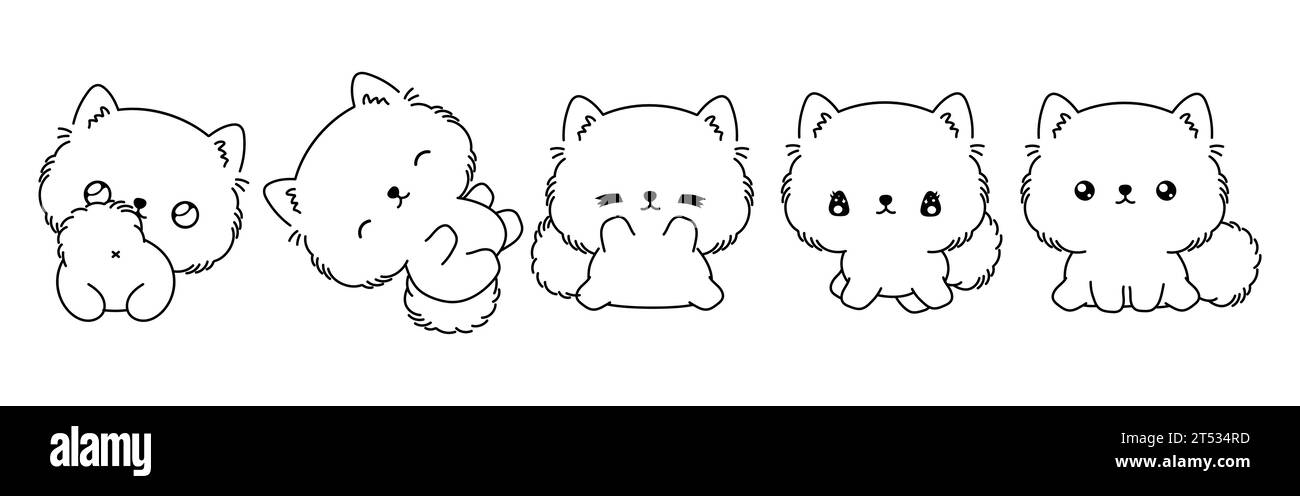 Set of Kawaii Isolated Pomeranian Dog Coloring Page. Collection of Cute Vector Cartoon Puppy Outline for Stickers, Baby Shower, Coloring Book, Prints Stock Vector