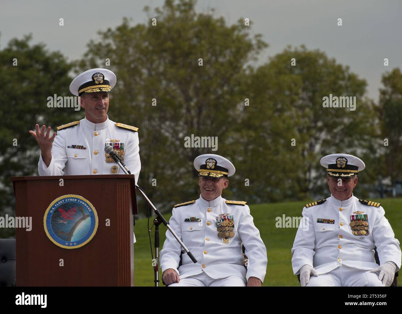 110930KK576-104 BALTIMORE (Sept. 30, 2011) Chief of Naval Operations (CNO) Adm. Jonathan W. Greenert delivers remarks during a change of command ceremony at Fort McHenry National Monument. Vice Adm. Michael S. Rogers relived Vice Adm. Barry McCullough as commander of U.S. Fleet Cyber Command and U.S. 10th Fleet. Fleet Cyber Command is the Navy's central operating authority for networks, cryptologic and signals intelligence, information operations, cyber, electronic warfare, and space capabilities. Stock Photo