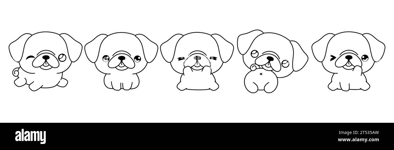 Set of Vector Cartoon Dog Coloring Page. Collection of Kawaii Isolated Pug Puppy Outline for Stickers, Baby Shower, Coloring Book, Prints for Clothes Stock Vector