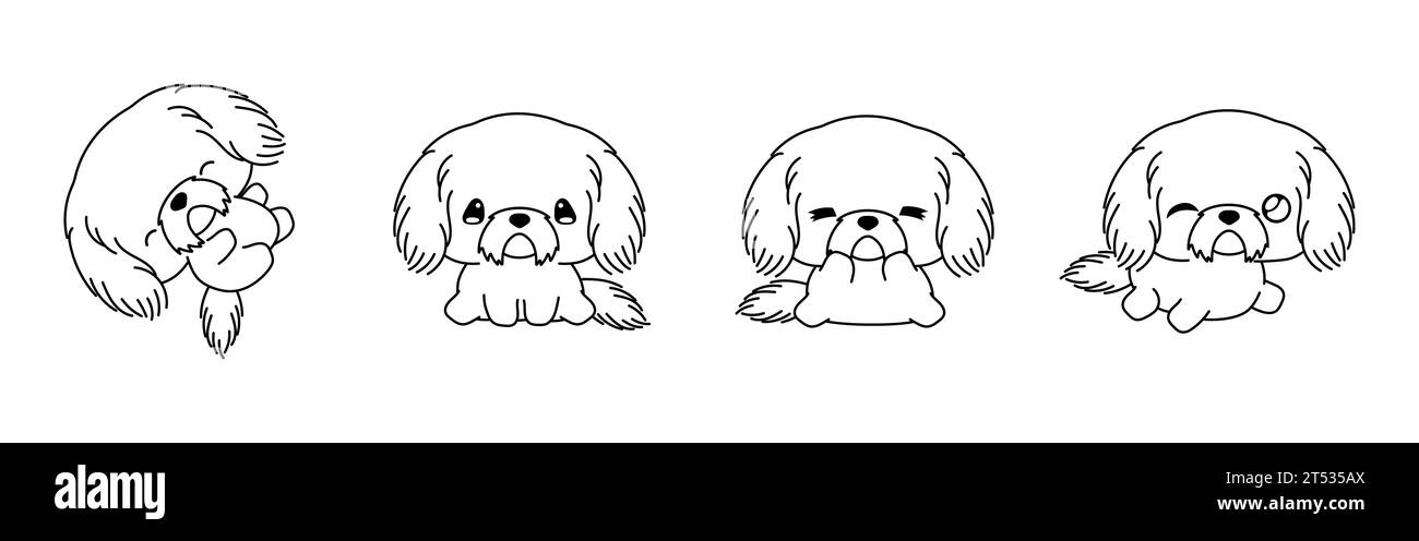 Set of Vector Cartoon Puppy Coloring Page. Collection of Kawaii Isolated Shih Tzu Dog Outline for Stickers, Baby Shower, Coloring Book, Prints for Stock Vector