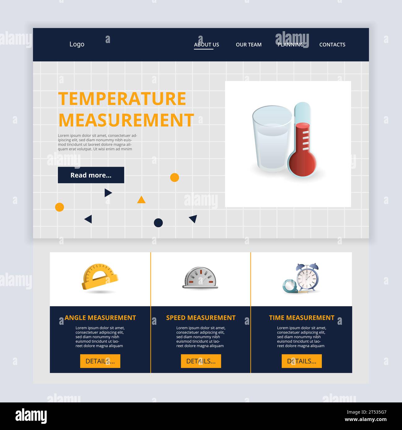 Temperature measurement flat landing page website template. Angle