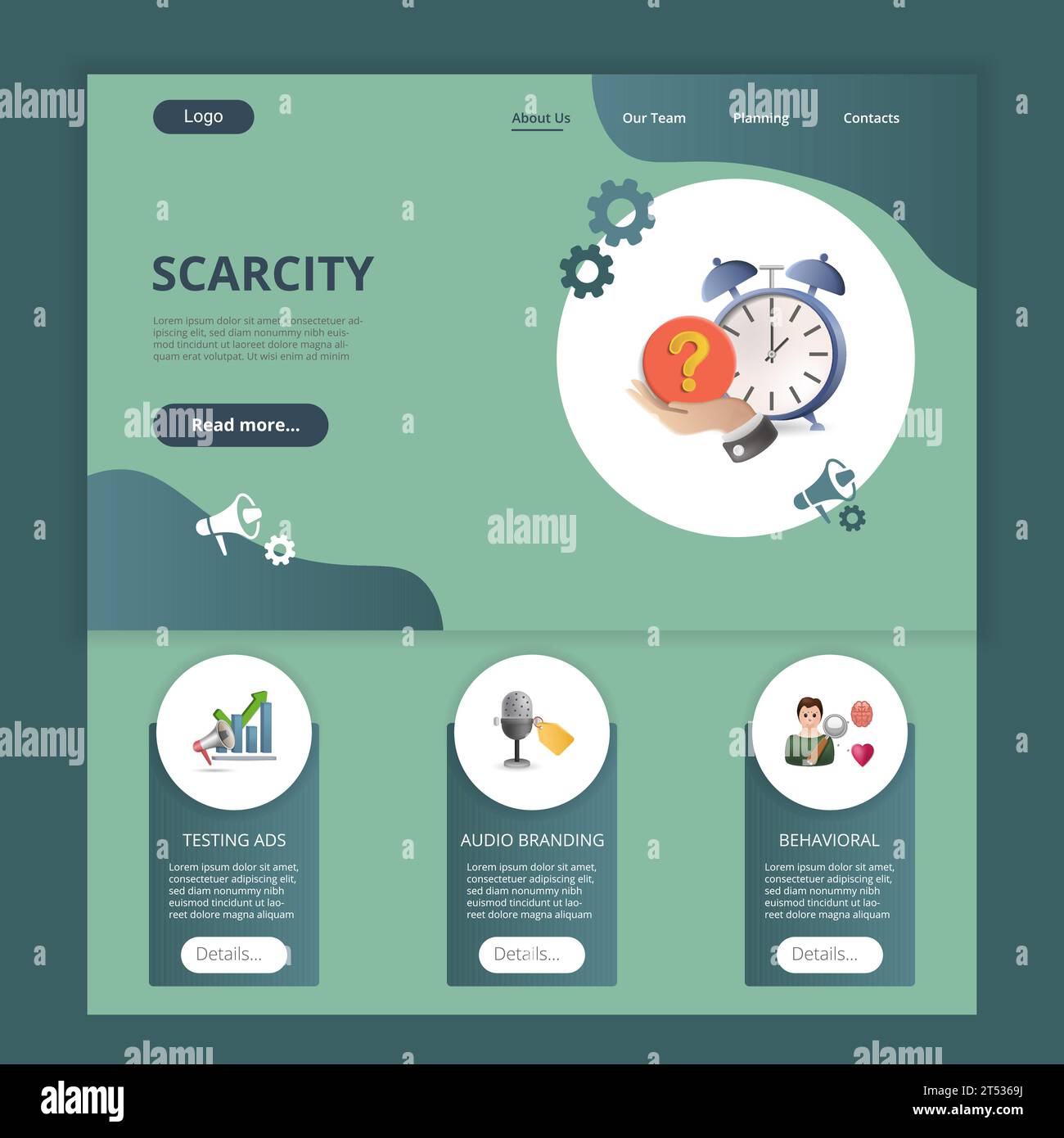 Scarcity flat landing page website template. Testing ads, audio branding, behavioral. Web banner with header, content and footer. Vector illustration. Stock Vector